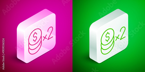 Isometric line Casino chip with dollar symbol icon isolated on pink and green background. Casino gambling. Silver square button. Vector