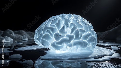 transience. Hyper-realistic brain sculpture crafted from fragile translucent ice, melting under spotlights into dark puddles. product launch decks.