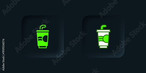 Green Paper glass with drinking straw and water icon isolated on black background. Soda drink glass. Fresh cold beverage symbol. Black square button. Vector