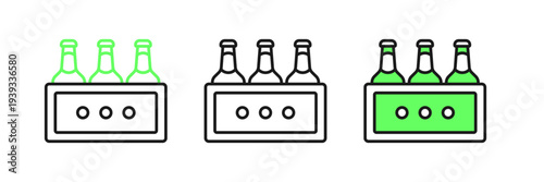 Set line Pack of beer bottles icon isolated on white background. Wooden box and beer bottles. Case crate beer box sign. Vector