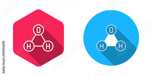 Filled and outline Chemical formula for water drops H2O shaped icon isolated with long shadow background. Vector