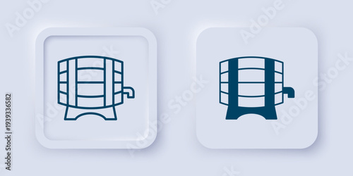 Filled and outline Wooden barrel on rack with stopcock icon isolated on grey background. Square button. Vector
