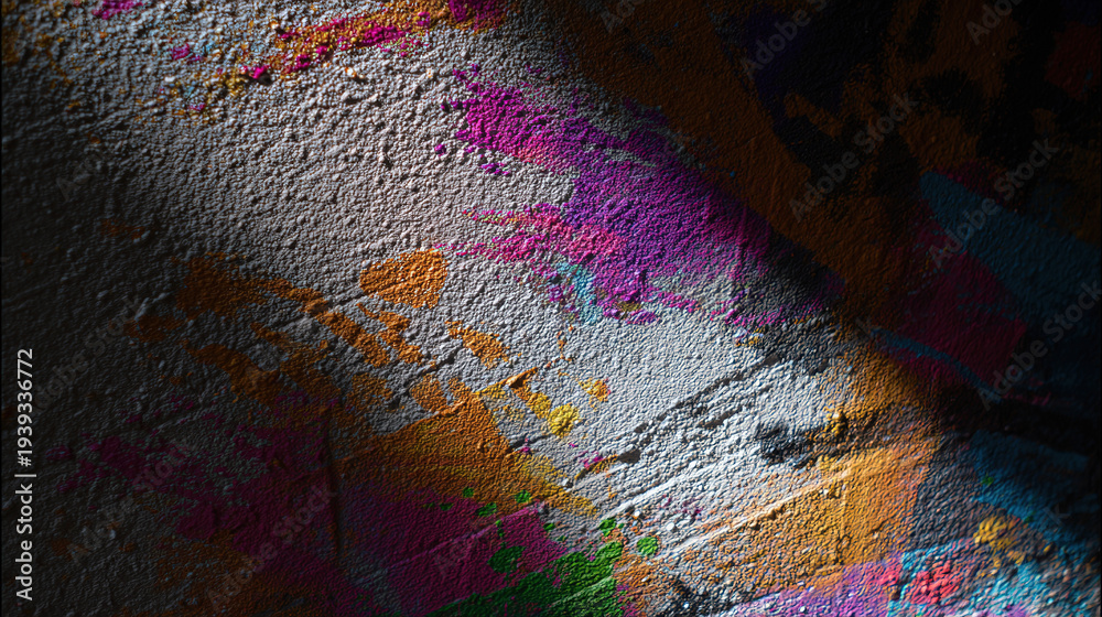 Fototapeta premium Urban wall adorned with vibrant paint splatters, embodying abstract street art energy. 