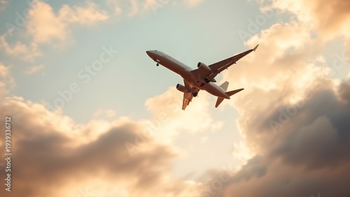 telephoto. An aircraft ascending through a cloudy sky during golden hour, capturing dynamic motion. mobility guides, transit brochures, designed for transport & logistics marketing.