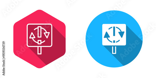 Filled and outline Recycle symbol icon isolated with long shadow background. Circular arrow icon. Environment recyclable go green. Vector