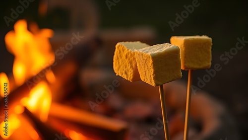 caramelized. Golden marshmallows on wooden skewers glowing against a campfire, evoking warm evening vibes. menu design.