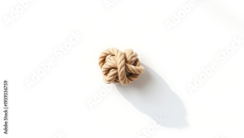 overhand. Single overhand knot made of thick jute rope on white background. lifestyle magazines, social media lookbooks, designed for lifestyle magazines and social media content.