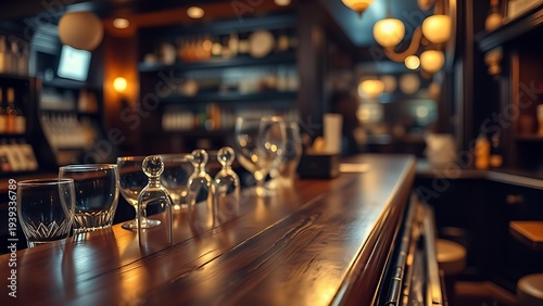 tavern. Detailed view of a classic bar counter with wood texture and ambient glow in a pub setting. bar promotions, beverage menus, designed for food & beverage menus and cafe branding.