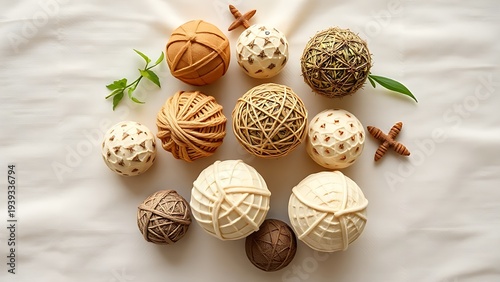 acupressure. Herbal massage balls arranged on a cloth, spa-like setting. lifestyle magazines, social media lookbooks, designed for lifestyle magazines and social media content, drives engagement.