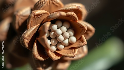 ovules. A pine cone with parted scales revealing tiny pearl-like ovules inside, botanical focus. gardening catalogs, home-decor guides, designed for home decor and floral branding.