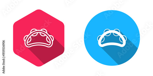 Filled and outline Musical instrument percussion tambourine, with metal plates icon isolated with long shadow background. Vector
