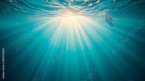 refraction. Abstract underwater scene with fragmented light beams in turquoise water, evoking a sense of fluid motion. public awareness campaigns.