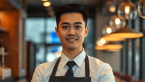 guest. A professional server in uniform, exuding hospitality in a softly lit restaurant ambiance. lifestyle magazines.