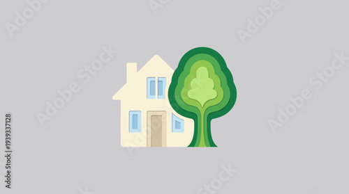 This image features a whimsical design of a house and tree, ideal for brands focused on home decor, real estate, or environmental awareness with an approachable charm.