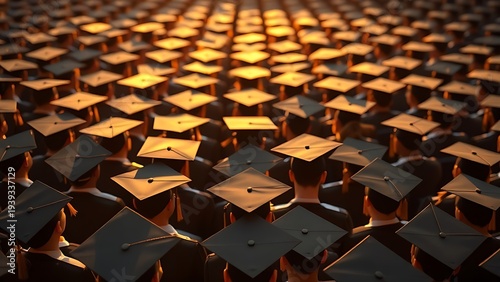 degree. Rows of graduation caps viewed from above, bathed in warm golden light for a ceremonial feel. event programs, museum guides, designed for cultural heritage projects and event programs.