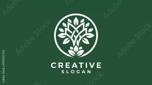This image presents an elegant tree logo representing 'Creative Slogan', illustrating concepts of growth, creativity, and sustainability in a round design.
