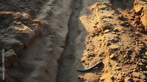 anthropology. Archaeological excavation site showing linear trenches in the soil. STEM education sheets, lab safety posters, designed for STEM education and laboratory safety posters.