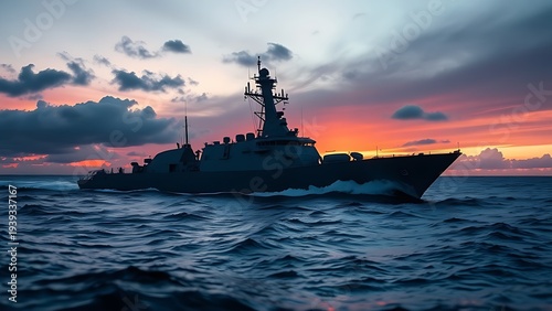 corvette. Grey naval vessel cutting through ocean waves at dusk. mobility guides, transit brochures, designed for transport & logistics marketing and mobility and urban transit guides.