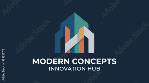 The logo displays a stylized building structure with dynamic colors, symbolizing innovation, creativity, and modern solutions ideal for technology-focused enterprises.