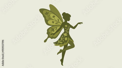This enchanting fairy silhouette features delicate butterfly wings and intricate floral patterns, representing magic, beauty, and the whimsical charm of fantasy art in a serene setting.