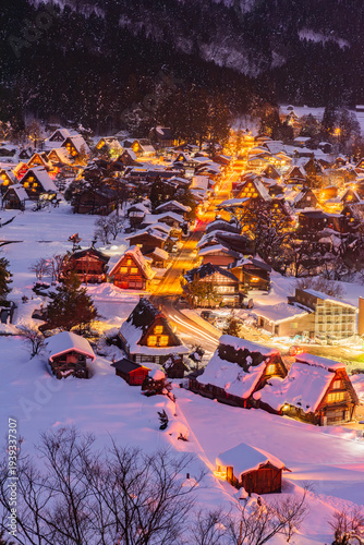 Light of Shirakawago Village in Winter at Night, Japan