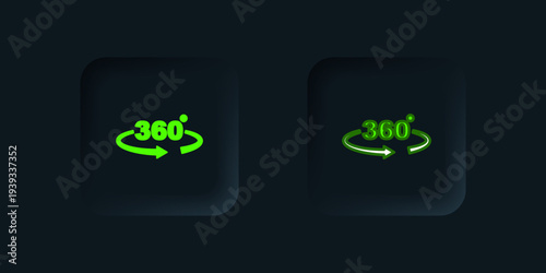Green 360 degree view icon isolated on black background. Virtual reality. Angle 360 degree camera. Panorama photo. Black square button. Vector