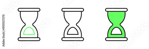 Set line Old hourglass with flowing sand icon isolated on white background. Sand clock sign. Business and time management concept. Vector