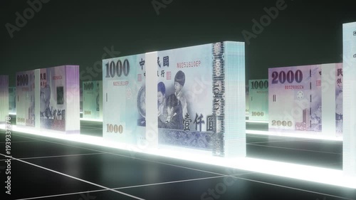 Taiwan dollar Banknote Bundles with Neon Glow on Dark Background, Slow Camera Movement, Realistic 3D Currency Animation in 4K, Business and Inflation Concept