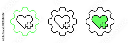 Set line Heart with a cross icon isolated on white background. First aid. Healthcare, medical and pharmacy sign. Vector