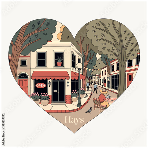 Hays Main Street Downtown Scene in Heart Shape Illustration