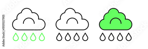 Set line Cloud with rain icon isolated on white background. Rain cloud precipitation with rain drops. Vector