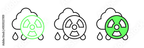 Set line Acid rain and radioactive cloud icon isolated on white background. Effects of toxic air pollution on the environment. Vector