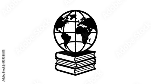 Minimal vector silhouette showing a globe placed on top of stacked books symbolizing education, knowledge, and global learning.