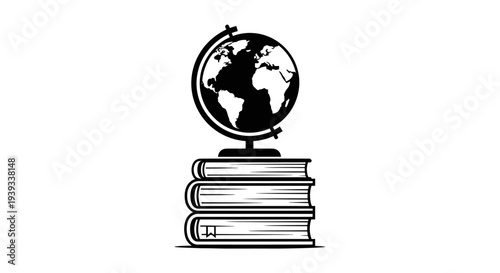 Minimal vector silhouette showing a globe placed on top of stacked books symbolizing education, knowledge, and global learning.