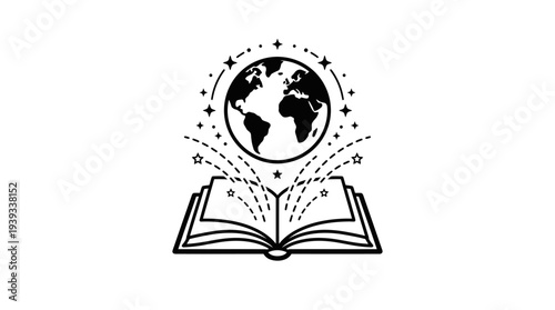 Minimal silhouette vector illustration of an open book with a globe floating above it representing global knowledge and learning.