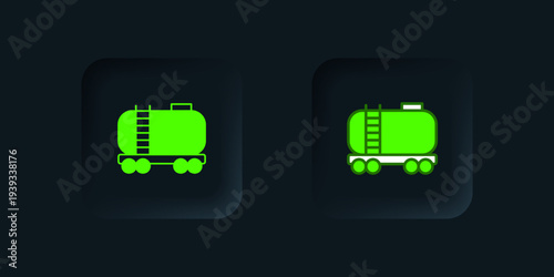 Green Oil railway cistern icon isolated on black background. Train oil tank on railway car. Rail freight. Oil industry. Black square button. Vector