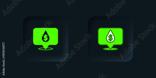 Green Oil drop with dollar symbol icon isolated on black background. Oil price. Oil and petroleum industry. Black square button. Vector