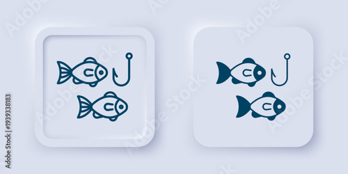 Filled and outline Fishing hook under water with fish icon isolated on grey background. Fishing tackle. Square button. Vector