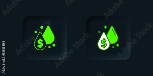 Green Oil drop with dollar symbol icon isolated on black background. Oil price. Oil and petroleum industry. Black square button. Vector