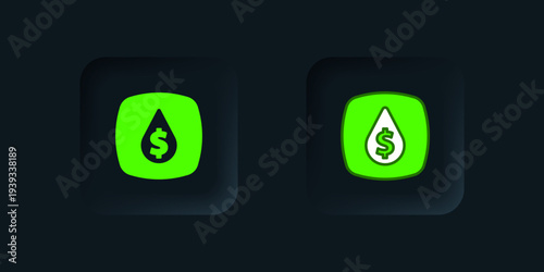 Green Oil drop with dollar symbol icon isolated on black background. Oil price. Oil and petroleum industry. Black square button. Vector