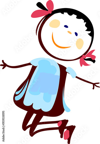 Cute Cartoon Stick Figure Girl Jumping in Blue Dress with Pink Bows — Happy Playful Child Character Illustration on Transparent Background