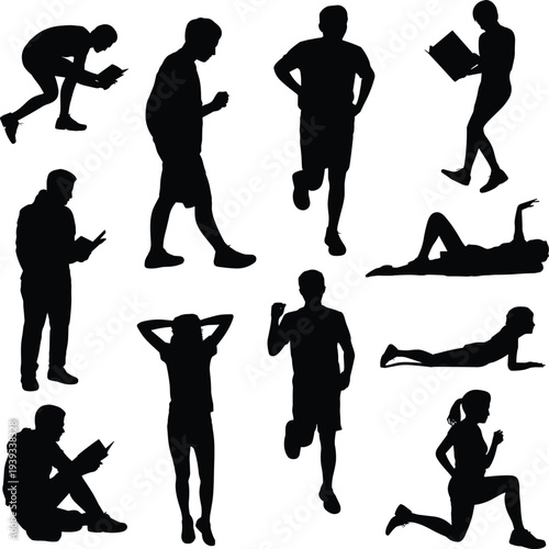 Black human silhouette set, people running reading exercising sitting poses, male female figures, isolated vector illustration on white background