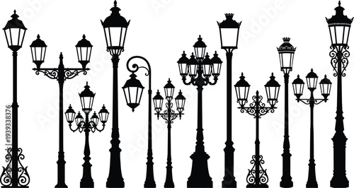 Black street lamp silhouettes collection, vintage city streetlight vector icons set, classic outdoor lighting elements isolated white