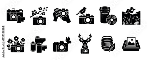Collection of black photography glyph icons representing nature and wildlife themes, including cameras, film, animals, and flowers in a clean vector silhouette style set