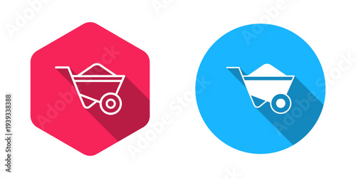 Filled and outline Wheelbarrow icon isolated with long shadow background. Tool equipment. Agriculture cart wheel farm. Vector