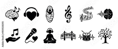 Set of black hand-drawn music icons representing sound therapy, creativity, and meditation, including a brain with notes, a heart with headphones, and a meditating person