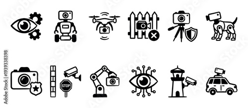 Black and white security technology icon set with surveillance devices like cameras, robots, drones, and automated systems for digital monitoring and protection