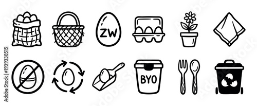 Set of hand-drawn zero waste icons representing sustainable living, eco-friendly food choices, recycling, and reusable items like baskets and containers in a simple black line art illustration