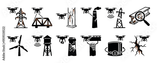 Drone inspection icon set illustrating remote surveillance of industrial infrastructure, including damaged towers, bridges, turbines, and tanks for structural assessment