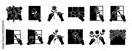 Black glyph icons set showing hands creating art with flowers, tools, and mosaics for hobby and craft concepts, a minimalist collection of creative process pictograms